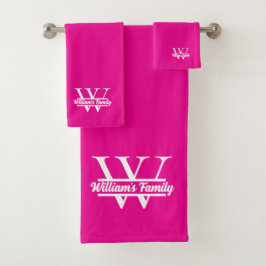 Rosa und Weiß | Monogramm für einfache Familiennam Badhandtuch Set