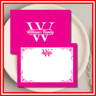 Rosa und Weiß   Monogramm für einfache Familiennam Mitteilungskarte