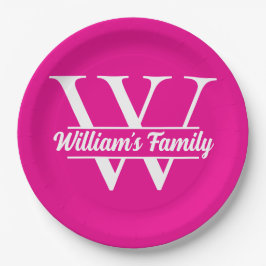Rosa und Weiß | Monogramm für einfache Familiennam Pappteller