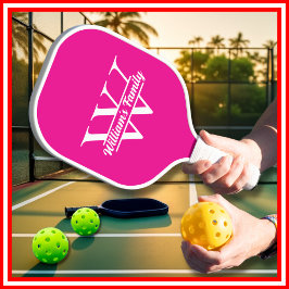 Rosa und Weiß | Monogramm für einfache Familiennam Pickleball Schläger