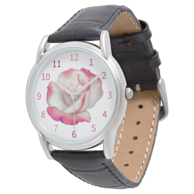 Rosa und Weiß - pastellfarbene Kunst Armbanduhr (Schrägansicht)