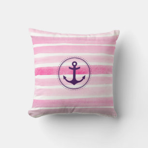 Rosa und Weiß Stripes Aquarell-Seeanker Kissen