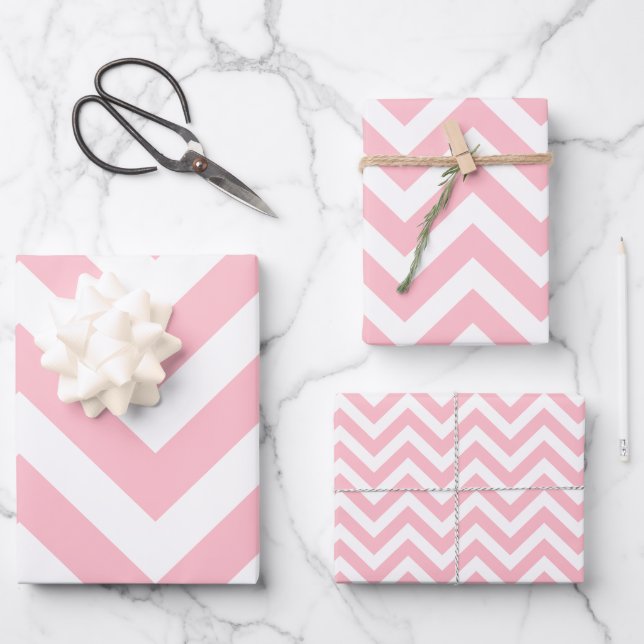 Rosa und Weiß Unterschiedliche Größen Zickzack Geschenkpapier Set (Vorderseite)