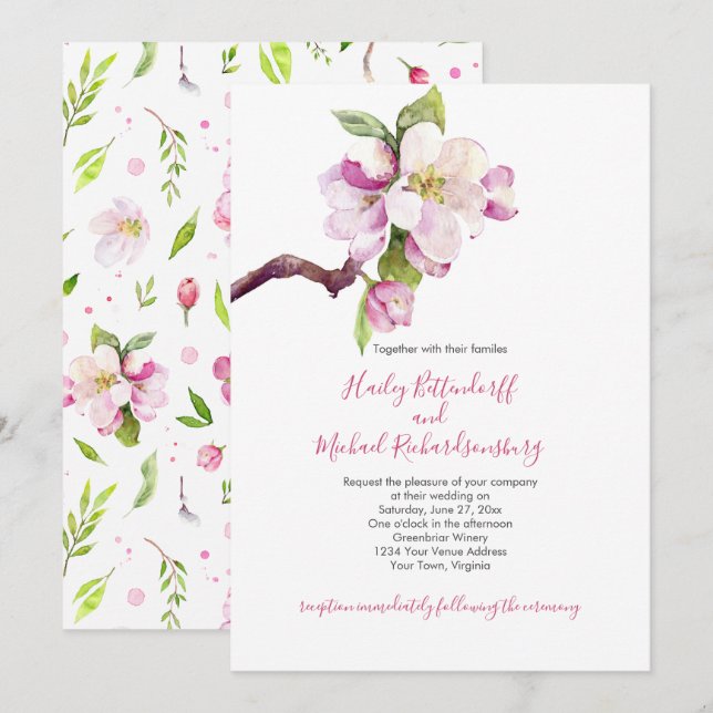 Rosa und weiße Apfelblüte auf Twig Wedding Einladung (Vorne/Hinten)