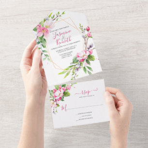 Rosa und Weiße Apfelblüten Hochzeit All In One Einladung