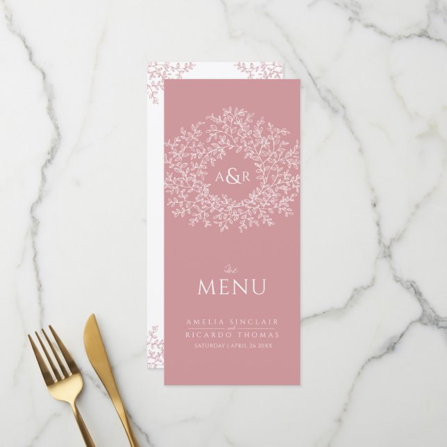 Rosa und weiße Blätter zeichnend Mono-Hochzeit Menükarte (Vorderseite/Rückseite Beispiel)