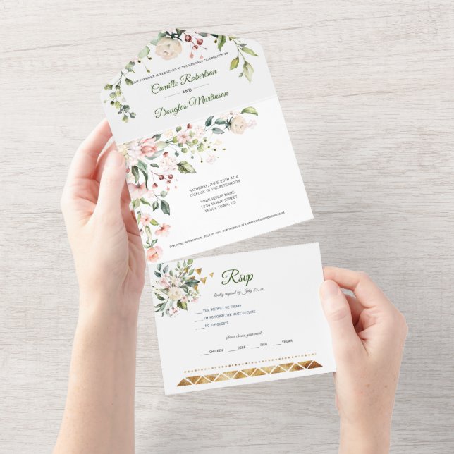 Rosa und weiße Blume Gold Akzente | All In One Einladung (Abreißen)