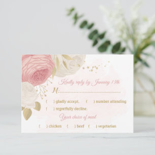 Rosa und weiße Blume goldene botanische Speisen RSVP Karte