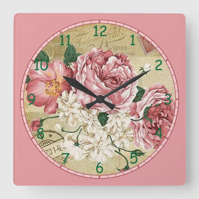 Rosa und weiße Blume Quadratische Wanduhr (Vorderseite)
