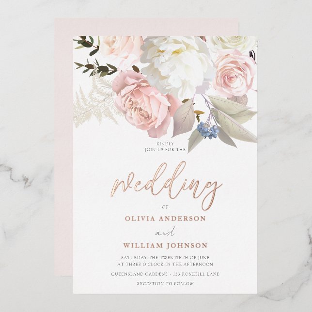 Rosa und weiße Blume Rose Gold Hochzeit Folieneinladung (Vorderseite/Rückseite)