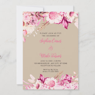 Rosa und weiße Blumen Boho Vanille Hochzeit Einladung