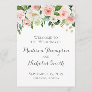 Rosa und weiße Blumen-Hochzeits-Programm-Karten Programm