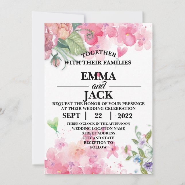 Rosa und weiße Blumengrün Einladung zur Hochzeit (Vorderseite)