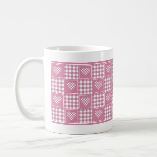 Rosa und weiße Büffelkariert-Patchwork-Herzen Kaffeetasse (Links)