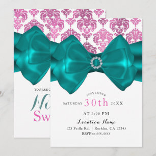 Rosa und weiße Damaske Aquamarin Bow Glam Sweet 16 Einladung