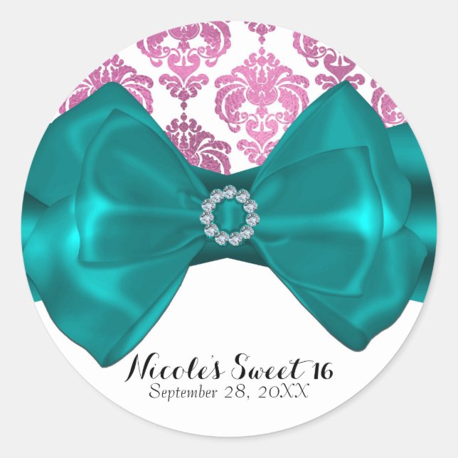 Rosa und weiße Damaske Aquamarin Bow Glam Sweet 16 Runder Aufkleber (Vorderseite)