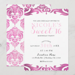 Rosa und weiße Damaske Chic Elegant Sweet 16 Party Einladung