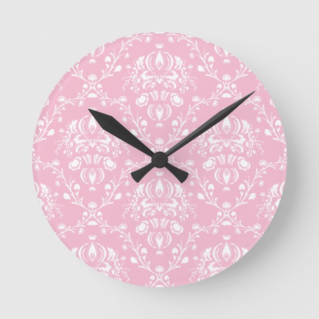 Rosa und weiße Damast Runde Wanduhr (Vorderseite)