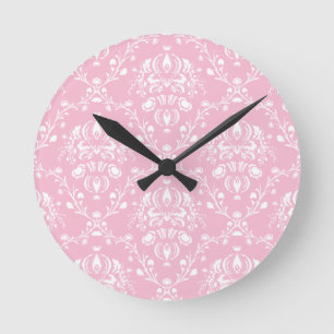 Rosa und weiße Damast Runde Wanduhr