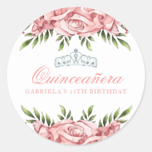Rosa und weiße Flora-Quinceanera Runder Aufkleber