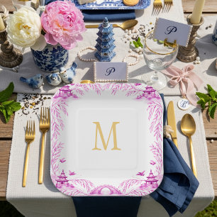 Rosa und weiße florale Weidenfliesen-Monogramm Pappteller