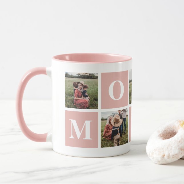 Rosa und weiße Fotocollage Mommy Tasse (Mit Donut)