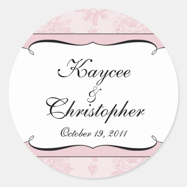 Rosa und weiße französische Spitzen-Hochzeitsticke Runder Aufkleber (Vorderseite)