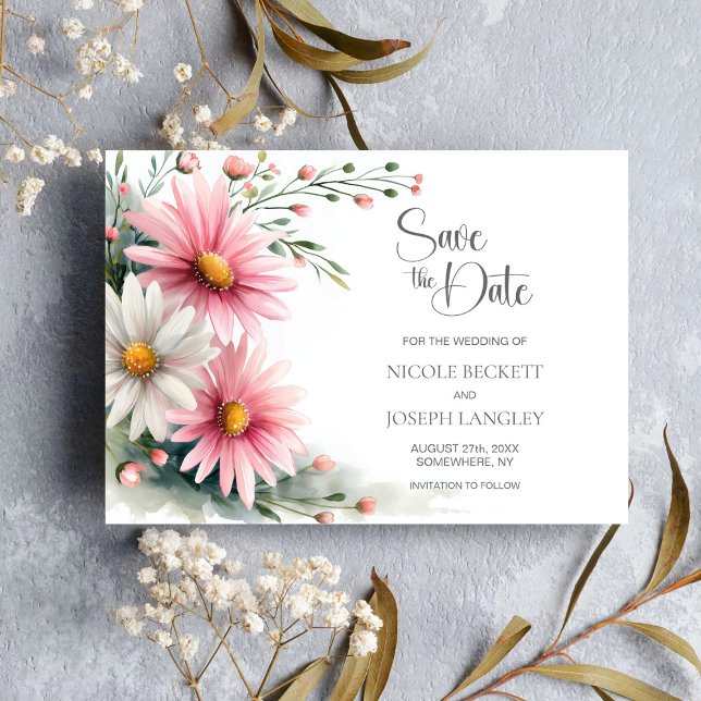 Rosa und weiße Gänseblümchen Hochzeit - Termin vor Save The Date (Von Creator hochgeladen)