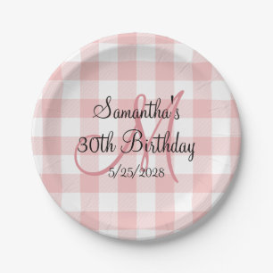 Rosa und Weiße Gingham Monogram Birthday Pappteller