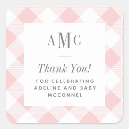 Rosa und weiße Gingham Monogram Danke Square S Quadratischer Aufkleber