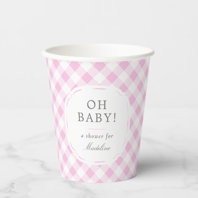 Rosa und weiße Gingham Muster Oh Babydusche Pappbecher (Vorderseite)