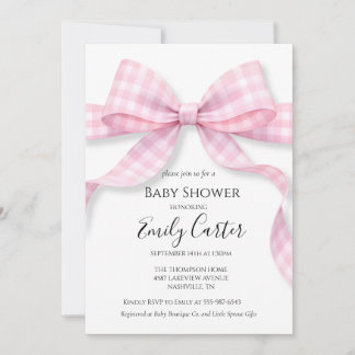 Rosa und weiße Gingham-Schleifen-Baby-Shower-Einla Einladung