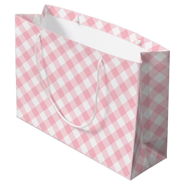 Rosa und weiße große Diagonal-Gingham-Karos Geschenktüte (Rückseite Schrägansicht)