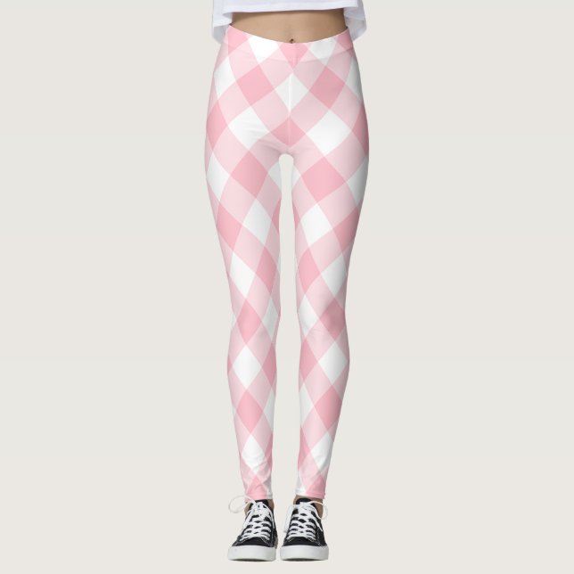 Rosa und weiße große Diagonal-Gingham-Karos Leggings (Vorderseite)