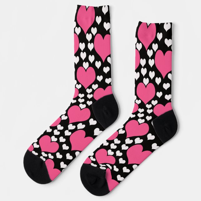 Rosa und weiße Herzen im schwarzen Hintergrund Socken (Linkes Detail)