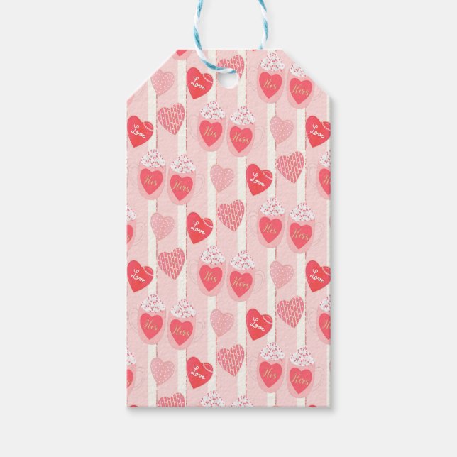 Rosa und weiße Herzen, weiße Streamer Geschenkanhänger (Vorderseite)