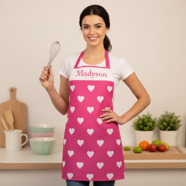 rosa und weiße Herzstücke nach Maß Schürze (Pink and White Valentine Hearts Custom Apron - Just add your name!)