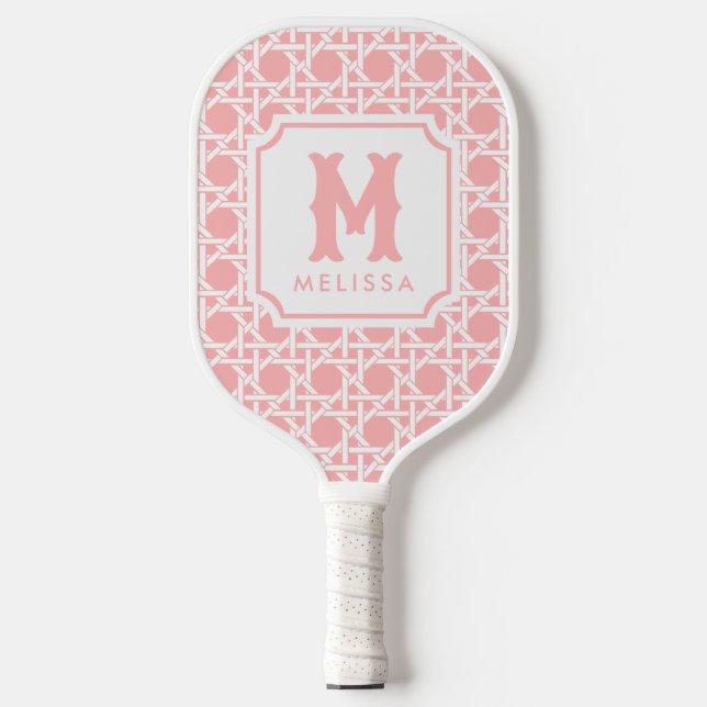Rosa und Weiße Kanne | Rattan | Monogramm Pickleball Schläger (Vorderseite)
