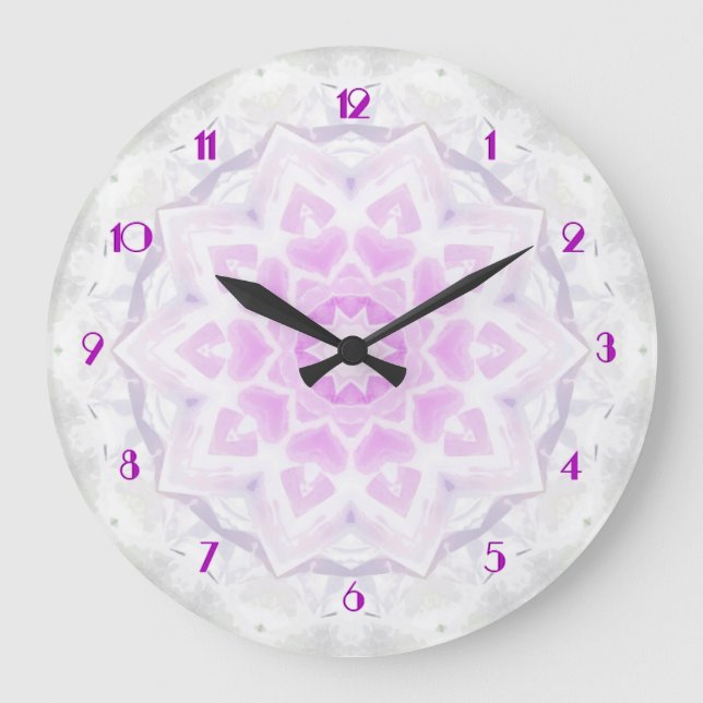 Rosa und weiße Lacy Kaleidoskop-Uhr Große Wanduhr (Vorderseite)