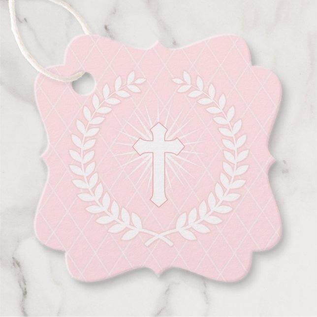 Rosa und Weiße Laurel Religiös mit Kreuz Geschenkanhänger (Vorderseite)