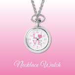 Rosa und weiße Liebe Armbanduhr<br><div class="desc">Necklace Watch Geschenk. Mit dem Wort "Liebe" und einer Herzform,  die den Buchstaben O ersetzt. Rosa und Weiß</div>