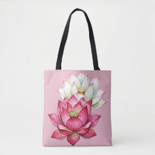 Rosa und weiße Lotusblüten-Wasserfarbe Tasche