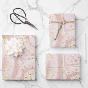 Rosa und weiße Marmorwirbel mit Goldglitter  Geschenkpapier Set