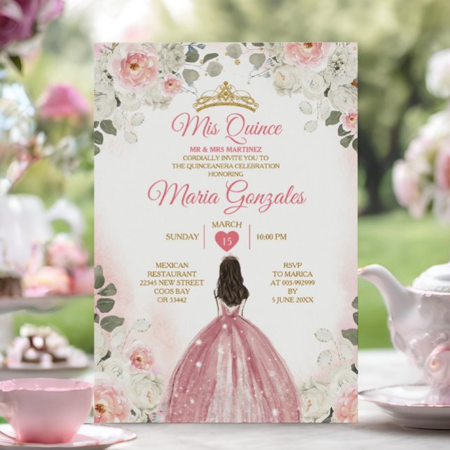 Rosa und weiße Mis Quince 15 Anos Gold Crown Einladung (Von Creator hochgeladen)