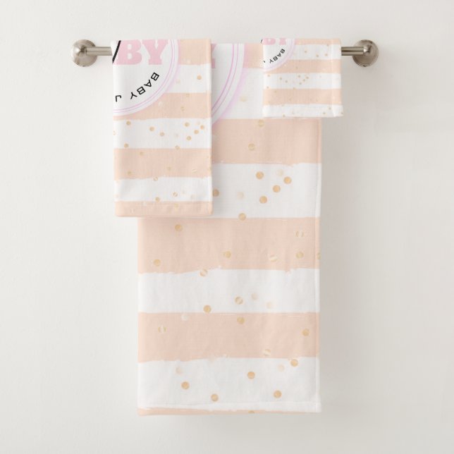 Rosa und weiße Mit Monogramm Babystreifen Badhandtuch Set (Insitu)