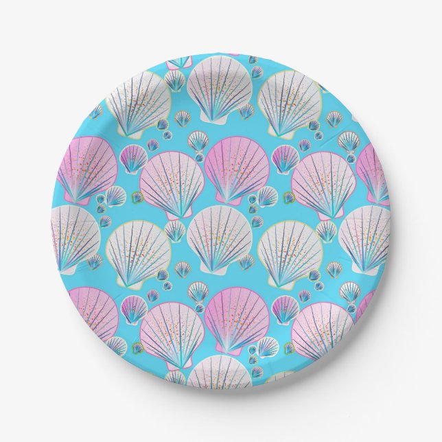 Rosa und weiße Muscheln auf Türkis Pappteller (Vorderseite)