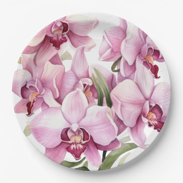 Rosa und weiße Orchideen Hochzeit Pappteller (Vorderseite)