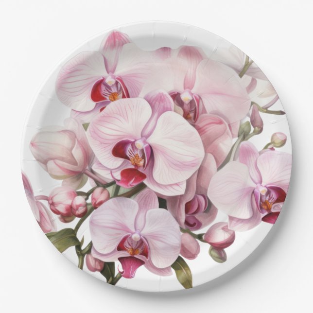 Rosa und weiße Orchideen Hochzeit Pappteller (Vorderseite)