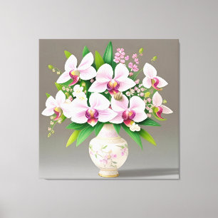 Rosa und weiße Orchideen in einer verzierten Vase Leinwanddruck