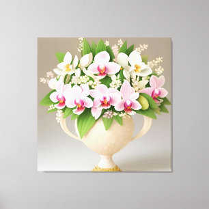 Rosa und weiße Orchideen in einer verzierten Vase Leinwanddruck